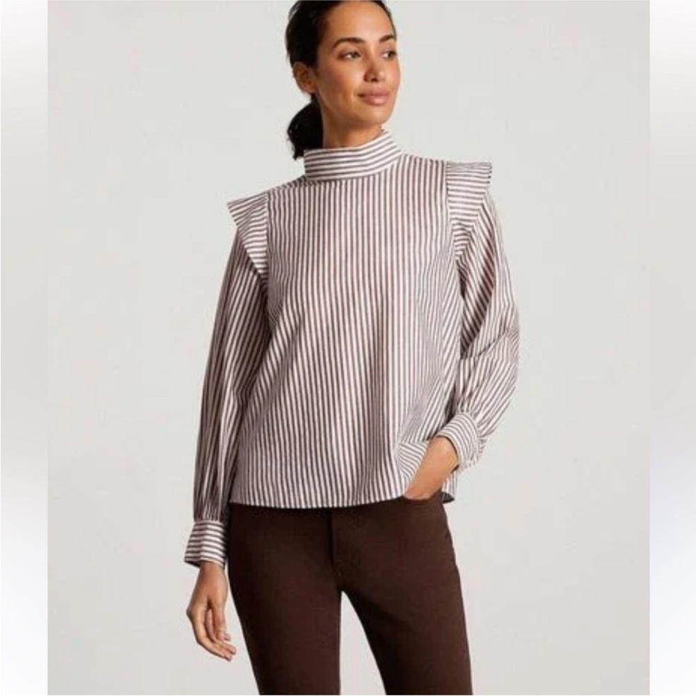 NWT Everlane Women’s The Wing-shoulder Mock Neck Pecan White striped blouse